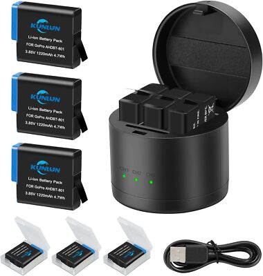 3Pack Hero 8 Battery & USB LED Storage Fast Charger For Gopro Hero 8/7/6 Black