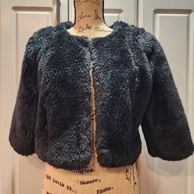Woman's LC Lauren Conrad S Black Faux Fur Lined Jacket 3/4Sleeve Cropped Bolero