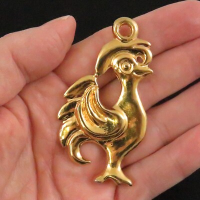 GAYLE CLARK Gold Plated Pewter Modernist Deco Rooster Pendant Key Chain Fob