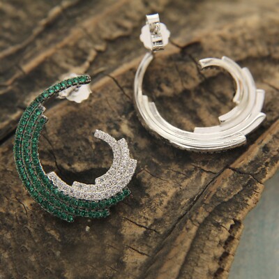 1.20Ct Round Cut CZ and Green Emerald Peacock Stud Earrings 14K White Gold Over