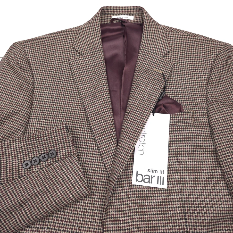 Bar III 修身弹力勃艮第和黑色格子西装夹克男式 36S 码 — 第 2/4 张图片