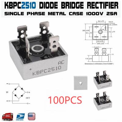100pc KBPC2510 Single-Phase Rectifier, Aluminum Heat Sink for High Power Use