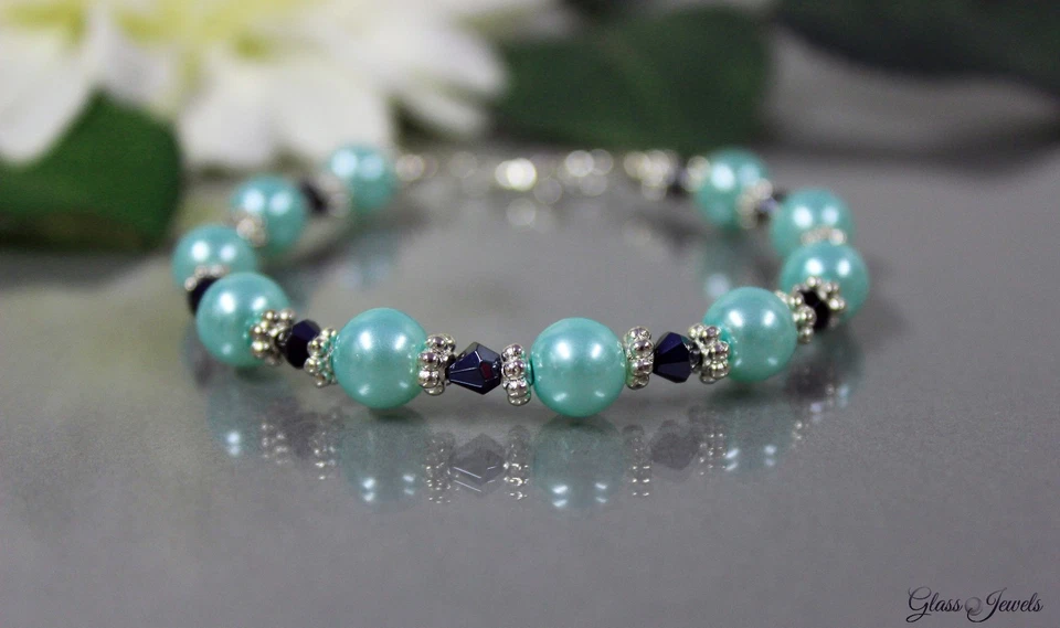 Glass Jewels Silber Armband Perlen Türkis Sommer Länge 19 cm #G003 - Bild 2 von 3