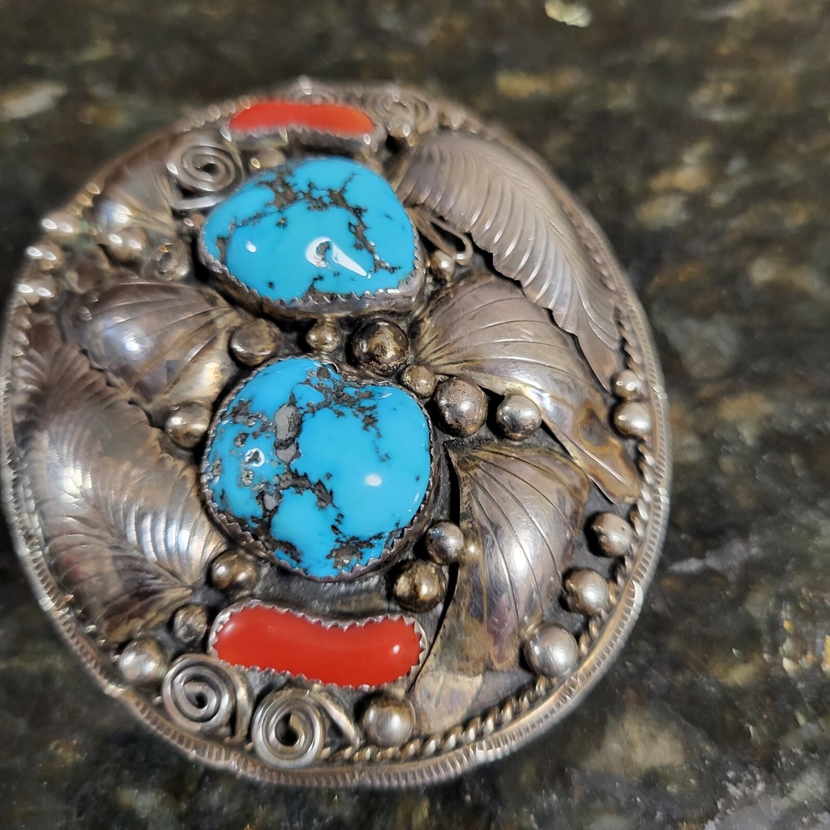 Vintage Sterling Silver Turquoise & Coral Belt Buckle by FW  display picture 1