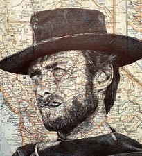 Clint Eastwood Kunstdruck. Stiftzeichnung &uuml;ber Karte von San Francisco 21x21cm ungerahmt