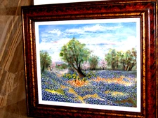 LARGE ORIGINAL Signed Bluebonnet Texas Wild Floral Landscape Birds Stormy Clouds