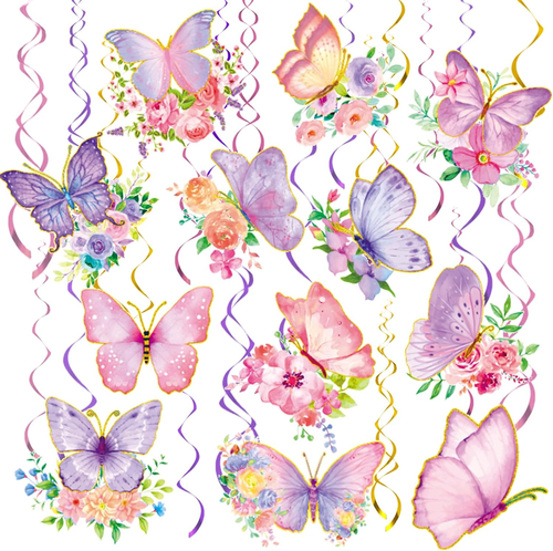 32 Pcs Pink and Purple Butterfly Hanging Swirl Decorations for Parties