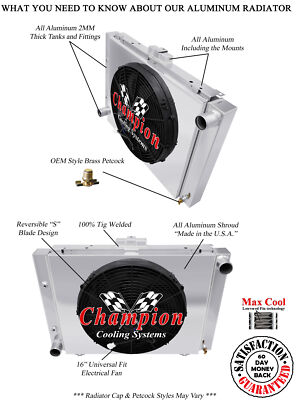 Atom 2 Row 1'' Tubes Radiator, 16'' Fan and Shroud for 1964 Ford Galaxie V8 Engine