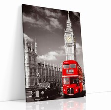 BIG BEN LONDON BUS BLACK WHITE RED CANVAS WALL ART PICTURE PRINT