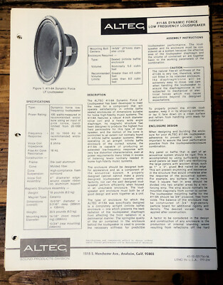 Altec Model 411-8A Speaker Owners Manual & Schematic *Orig* | eBay