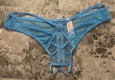NWT VICTORIA'S SECRET BLUE LACE MESH STRAPPY GOLD RING CROTCHLESS THONG PANTIES