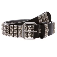 1 1/2" Snap On Three Row Punk Rock Star Silver Studded Cowhide Leather Belt