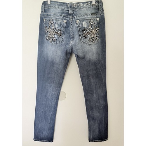 Miss Me Signature Straight Jeans Embellished Low Rise Stretch Rhinestone Sz 28 - Picture 3 of 12