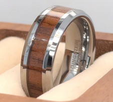 Domed Silver Tungsten Band Whiskey Barrel Wood Inlay Ring Christmas jewelry