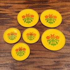 6 Vintage Childrens Toy Yellow Metal Dinner Plates Flowers Kids Kitchen Playset
