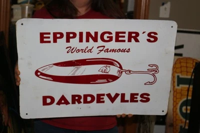 Vintage Eppinger's World Famous Dardevles Fishing Lure 22" x 15" Metal Sign - Photo 1/2