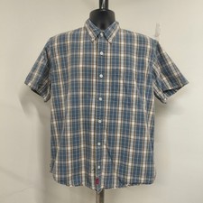 Abercrombie Fitch Muscle Shirt Mens Large Tan Blue Plaid Button Up Short Sleeve