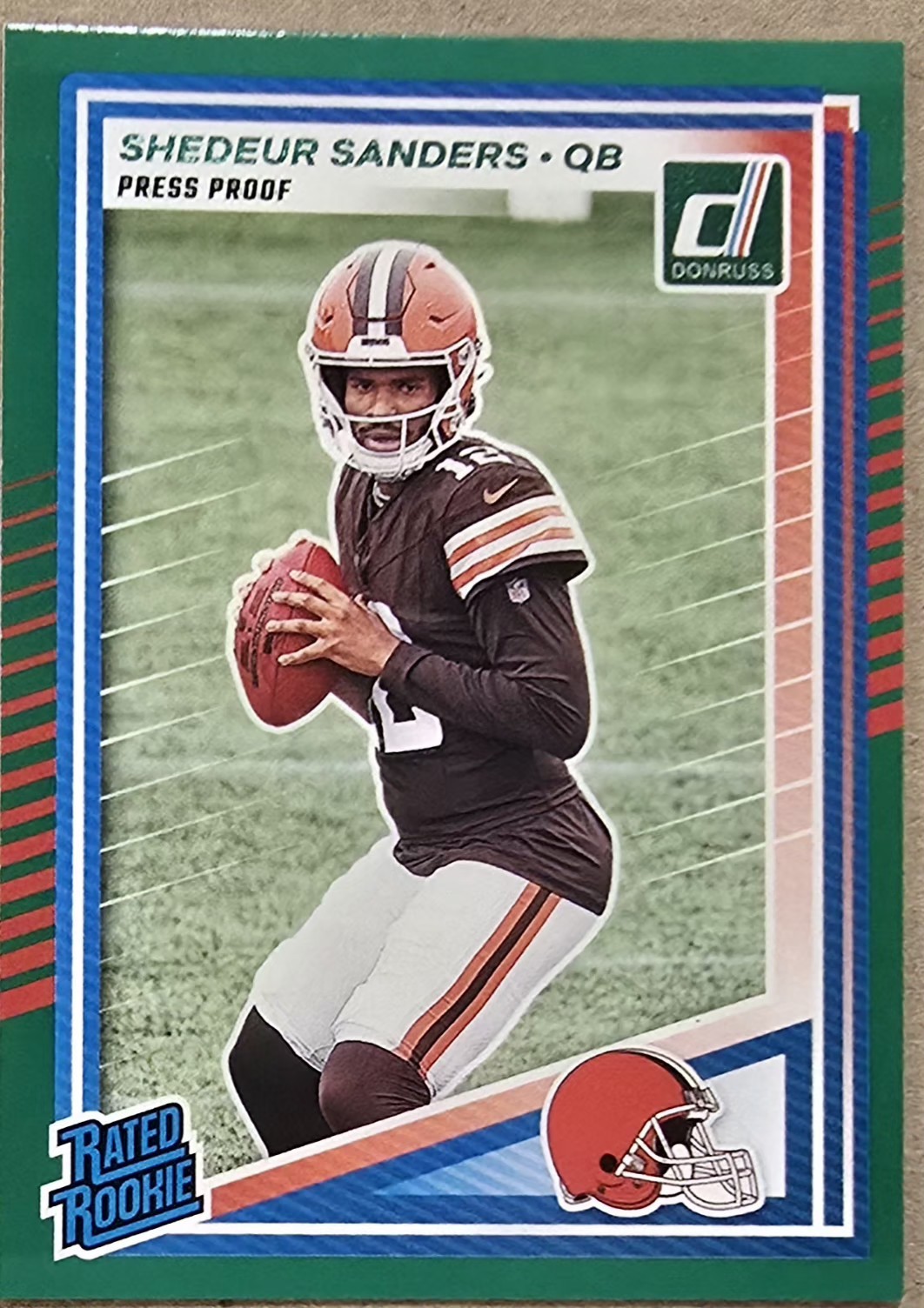 2025 Donruss Shedeur Sanders Press Proof Green Rated Rookie #306 Browns QB Card