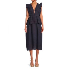 En Saison Navy Blue Eyelet Peplum Ruffle Midi Dress Women Size S