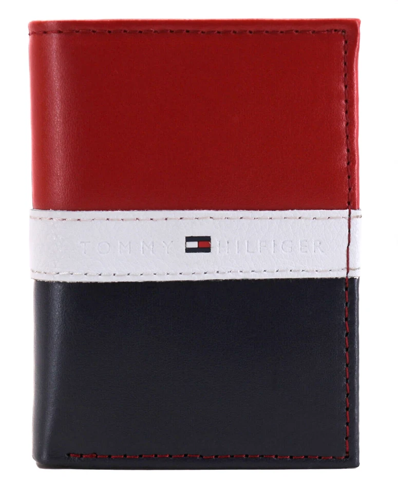 Tommy Hilfiger Men's Premium Leather Trifold Wallet Rfid Red Navy 31TL110022