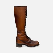 Vintage 70s Frye Black Label Brown Lace Up Leather Tall Knee Campus Riding Boots