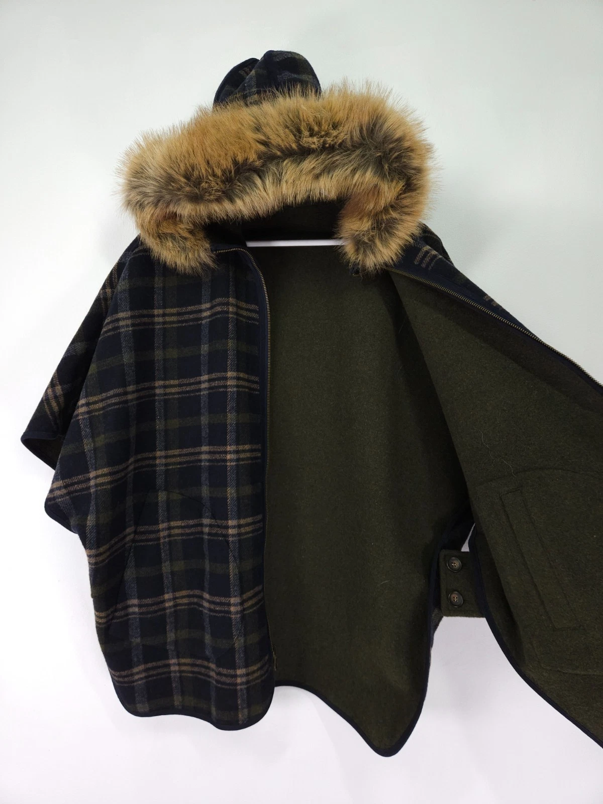Joules Cape Poncho Small Green Navy Check Tartan Fur Hood Everly Reversible Coat