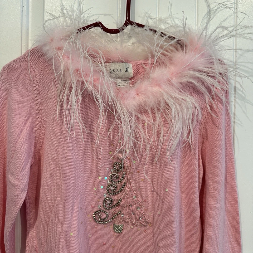 Blusa Just B Mujer Borde Pluma Rosa Navidad Tema Suéter Talla Pequeña Foto 4 de 4