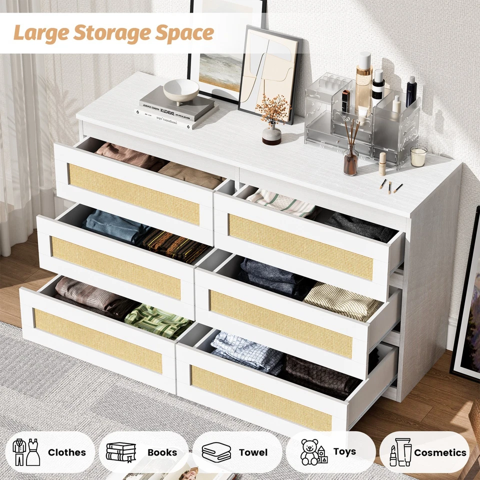 Wooden Rattan Bedroom Chest of Drawers with 6 Drawers for Home Bedroom White - image 4 of 4