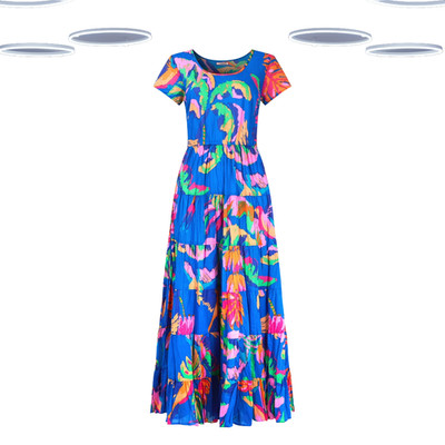 Ex Joe Browns Maxikleid - Damen Kurzarm Tropical Print Crinkle Blau