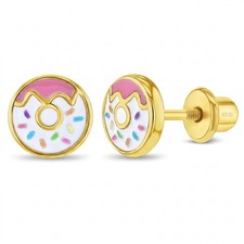 Donut Kids / Children / Girls Earrings Screw Back - Gold Plated Sterling Silver