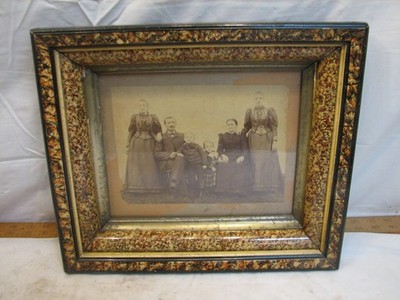 Antique Deep Well Framed Full Family Photo Ornate Spongeware Children Sisters