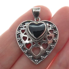 BOMA 925 Sterling Silver Vintage Black Onyx Gem Heart Cutout Oxidized Pendant