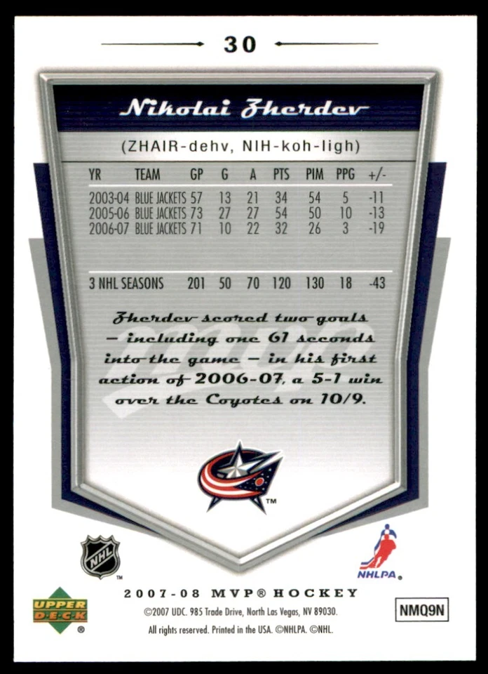 2007-08 Upper Deck MVP Nikolai Zherdev #30 - Image 2 of 2