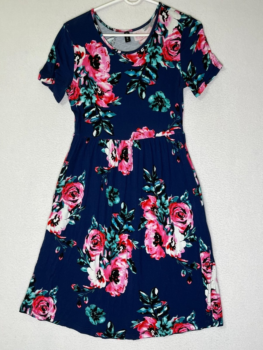 empire knee length dress Db Moon Blue Floral Short Sleeve Waist Women's Size M swatches-envie-strapless-mini-dress