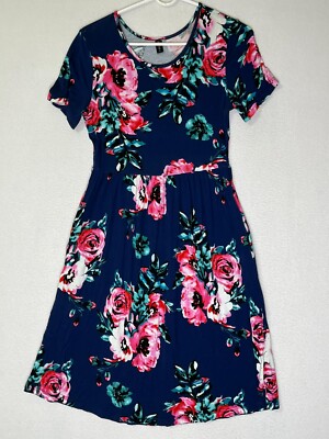 Db Moon Blue Floral Short Sleeve Empire Waist Knee Length Dress Women's  Size M | eBay