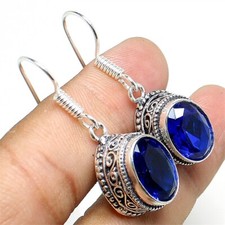 Blue Tanzanite Gemstone Handmade 925 Sterling Silver Jewelry Earring Sz 1.4"