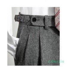 Men's Winter British Tweed Herringbone Wool Straight Pants Dress Trousers Casual
