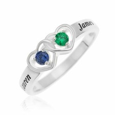 Personalised .925 Silver Double Heart Ring Special Gift 2 Birthstones + 2 Names