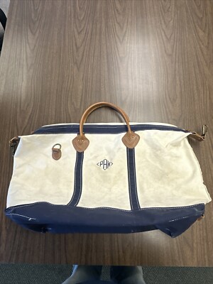 LL Bean Freeport Vintage Zipper Boat Tote Tan Blue Canvas Leather