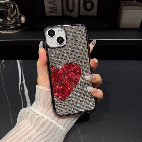 For iPhone 15 Pro Max 14 13 12 Plated Glitter Rhinestone Heart Design Phone Case - Picture 12 of 19