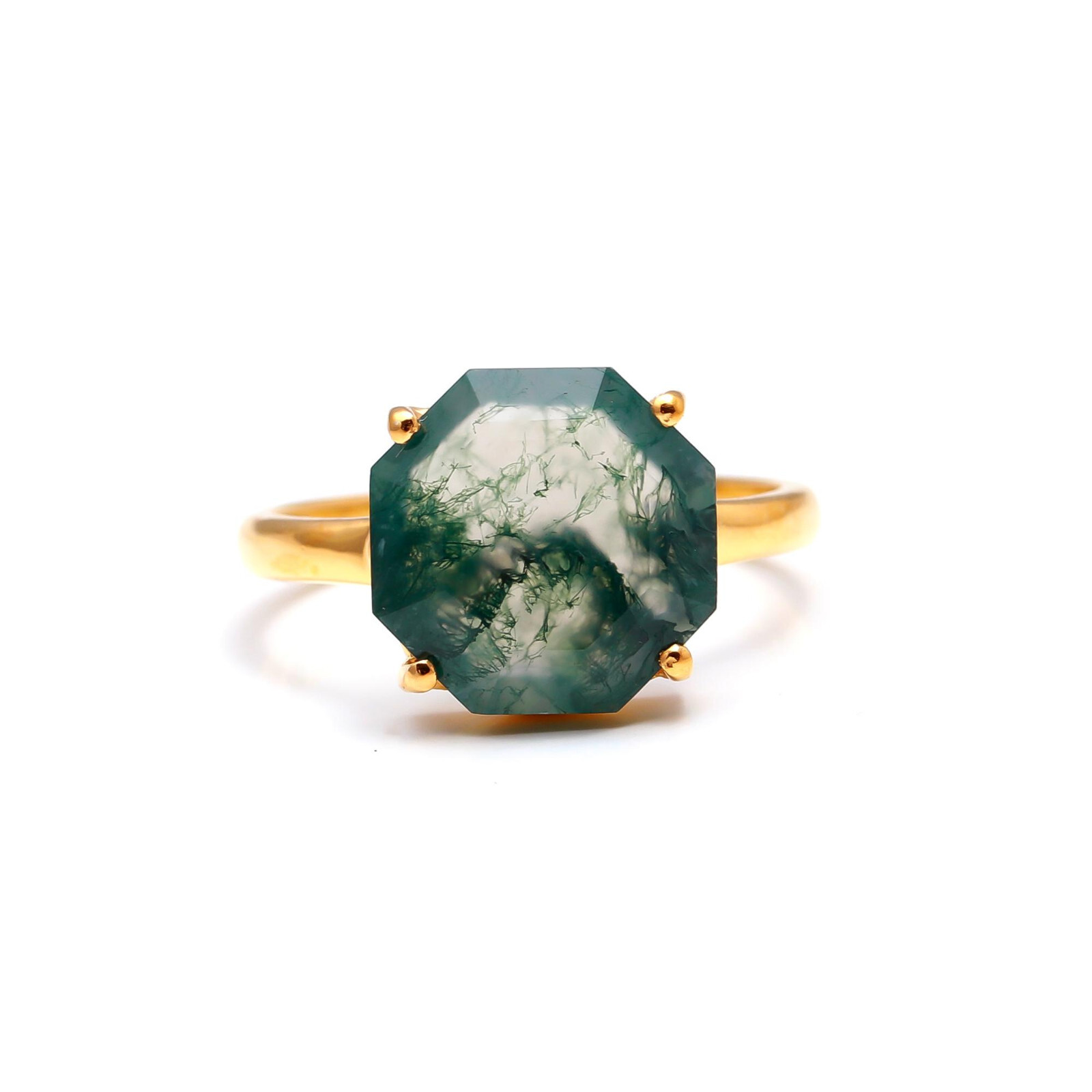 Natural Moss Agate Gold Plated Ring in 925 Sterling Silver Custom Sizes