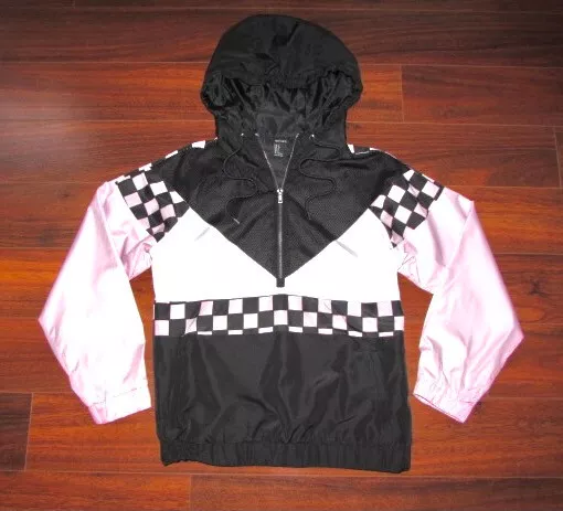 FOREVER 21 Size Small Pink Black RACER CHECK Hooded 1 2 Zip Wind Jacket 33