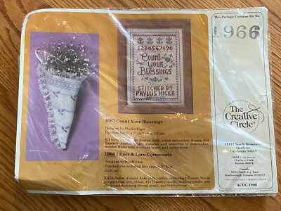 VINTAGE THE CREATIVE CIRCLE EMBROIDERY KIT-1966 LILACS & LACE CORNUCOPIA