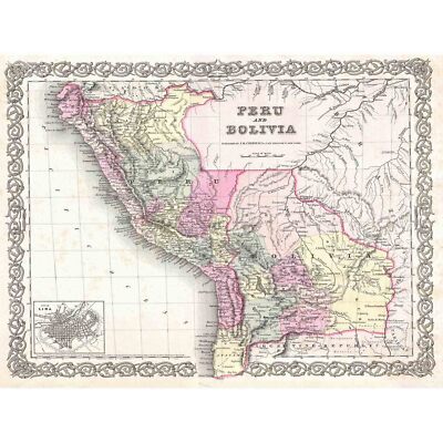 1855 COLTON KARTE PERU UND BOLIVIEN VINTAGE POSTER KUNSTDRUCK 12x16 Zoll 30x40cm 291