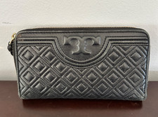 Tory Burch Black Quilted Leather Zip Around Wallet Fleming Logo Gold Hardware