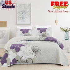 3 Pieces Quilt Set Queen Purple Floral Pattern Quilt Coverlet Set Elegant Boho