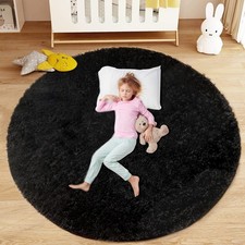 Black Round Rugs For Bedroom 4ft Circle Fluffy Shag Soft Washable Rug Small ...