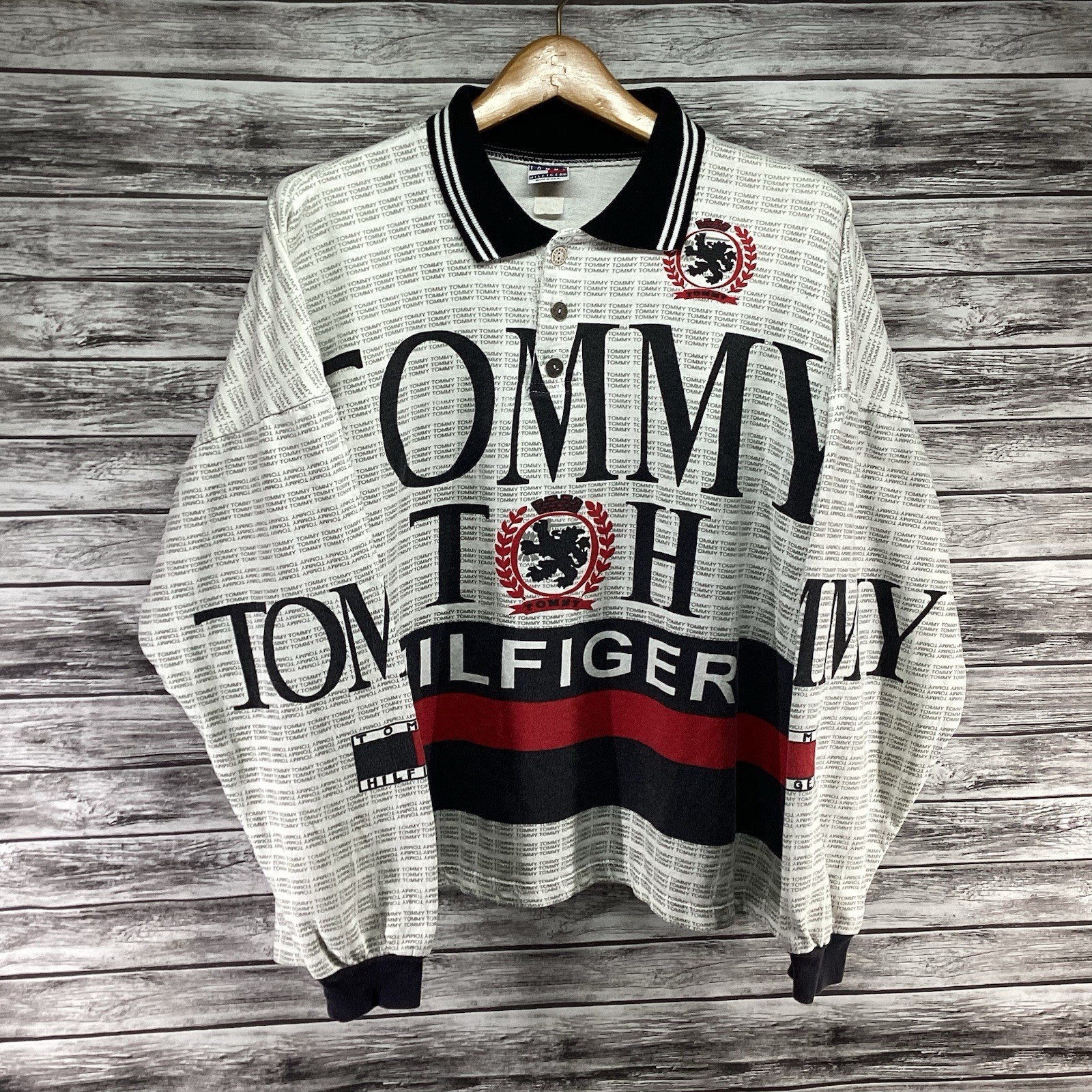 Vintage Tommy Hilfiger Rugby Shirt Mens 2XL Multicolor Big Logo AOP Rare 90s