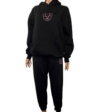Pig Embroidered Matching Black Hoodie Sweatpants Set Loungewear