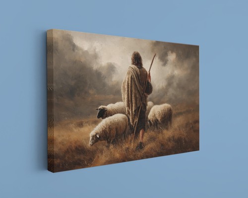 Guter Hirte Gemälde Leinwandbild Jesus mit Schaf christliche Wanddeko - Bild 1 von 9